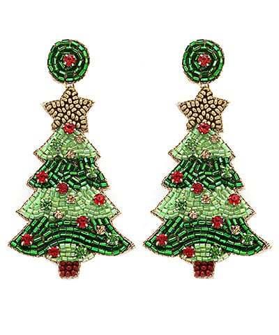 Beaded Christmas tree earrings with gold star topper and green, red, and gold seed beads, festive holiday statement earrings.