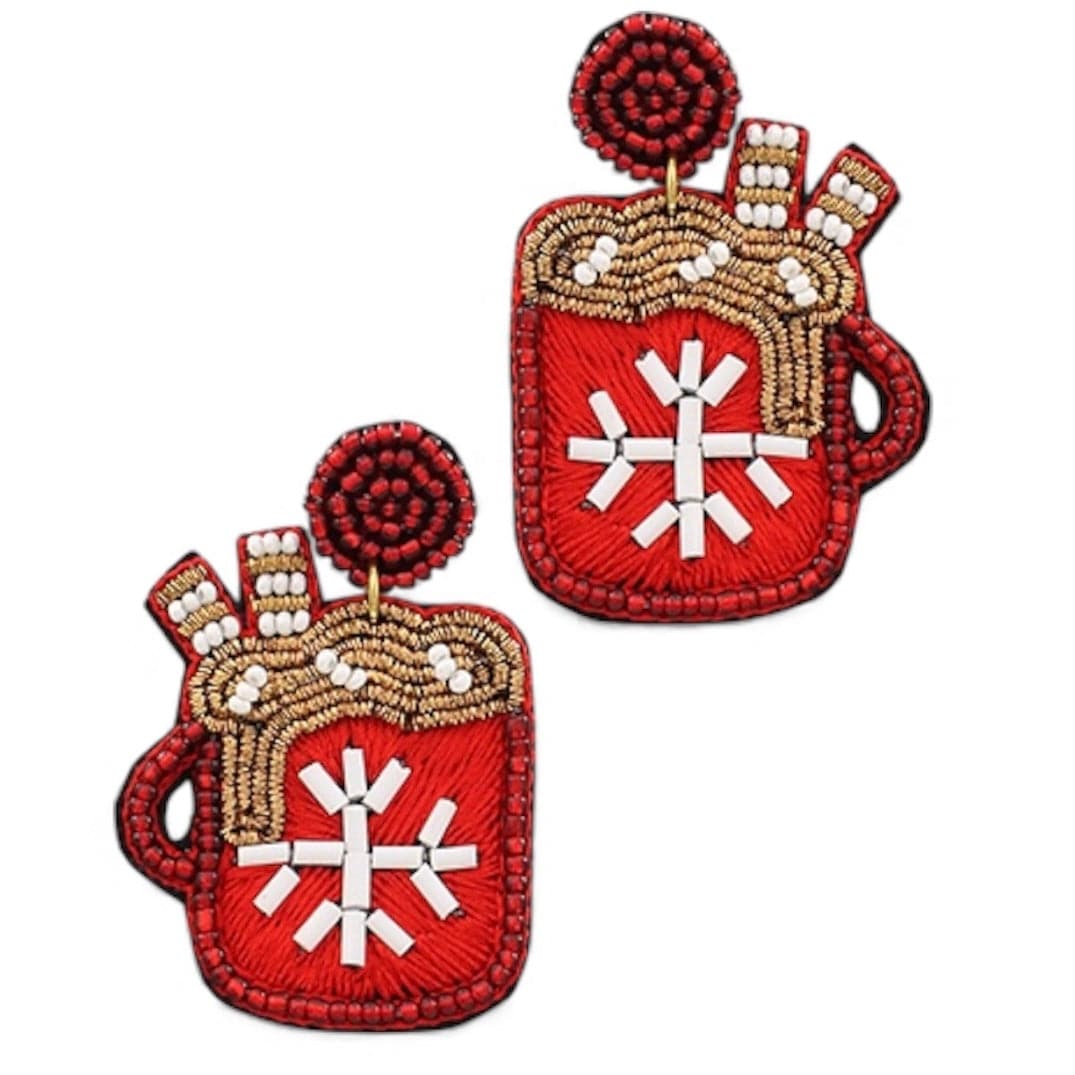 Hot chocolate mug seed bead earrings with red, gold, and white beading, 2-inch holiday statement earrings.