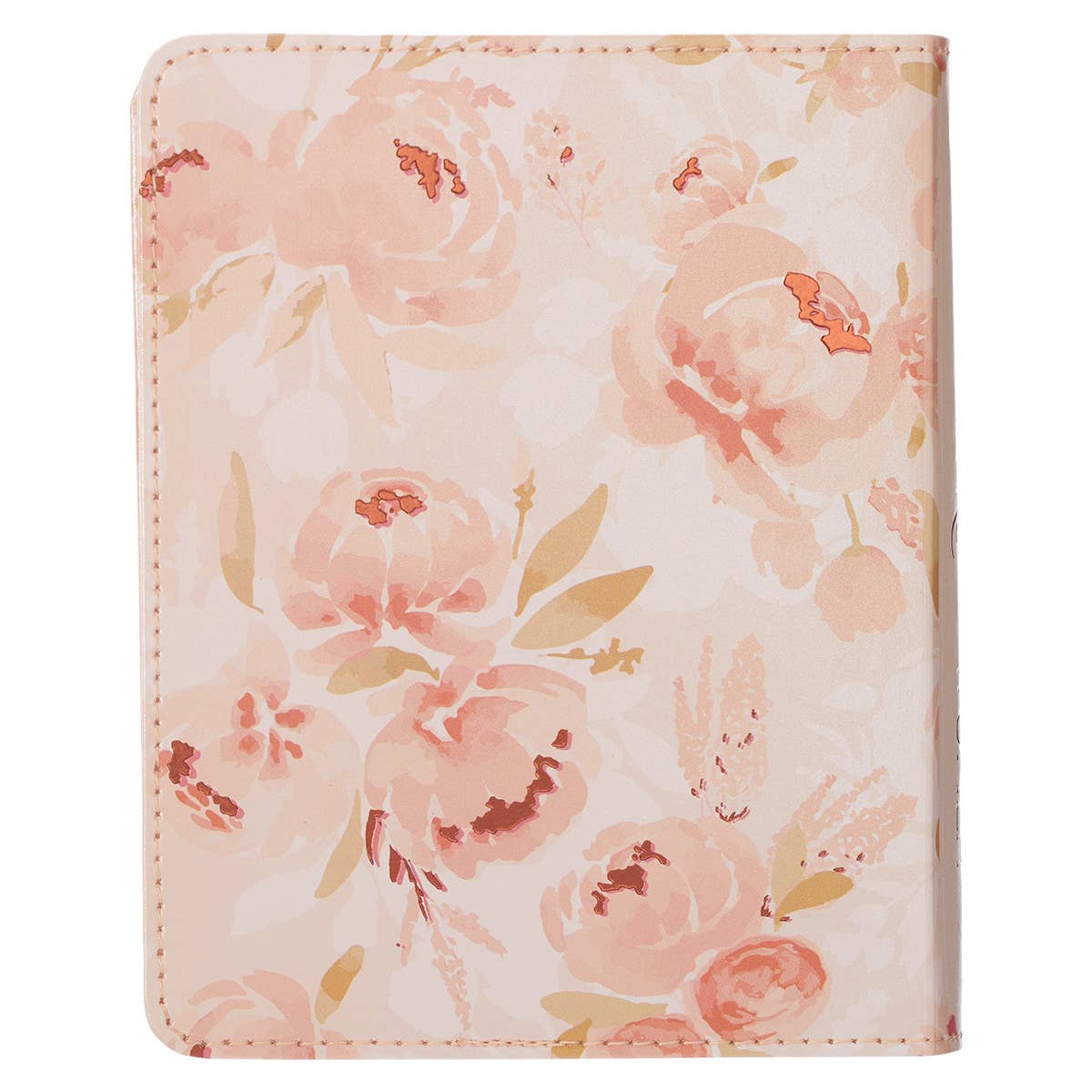 Back cover of Daily Prayers for Women devotional with soft pink and peach floral pattern on faux leather