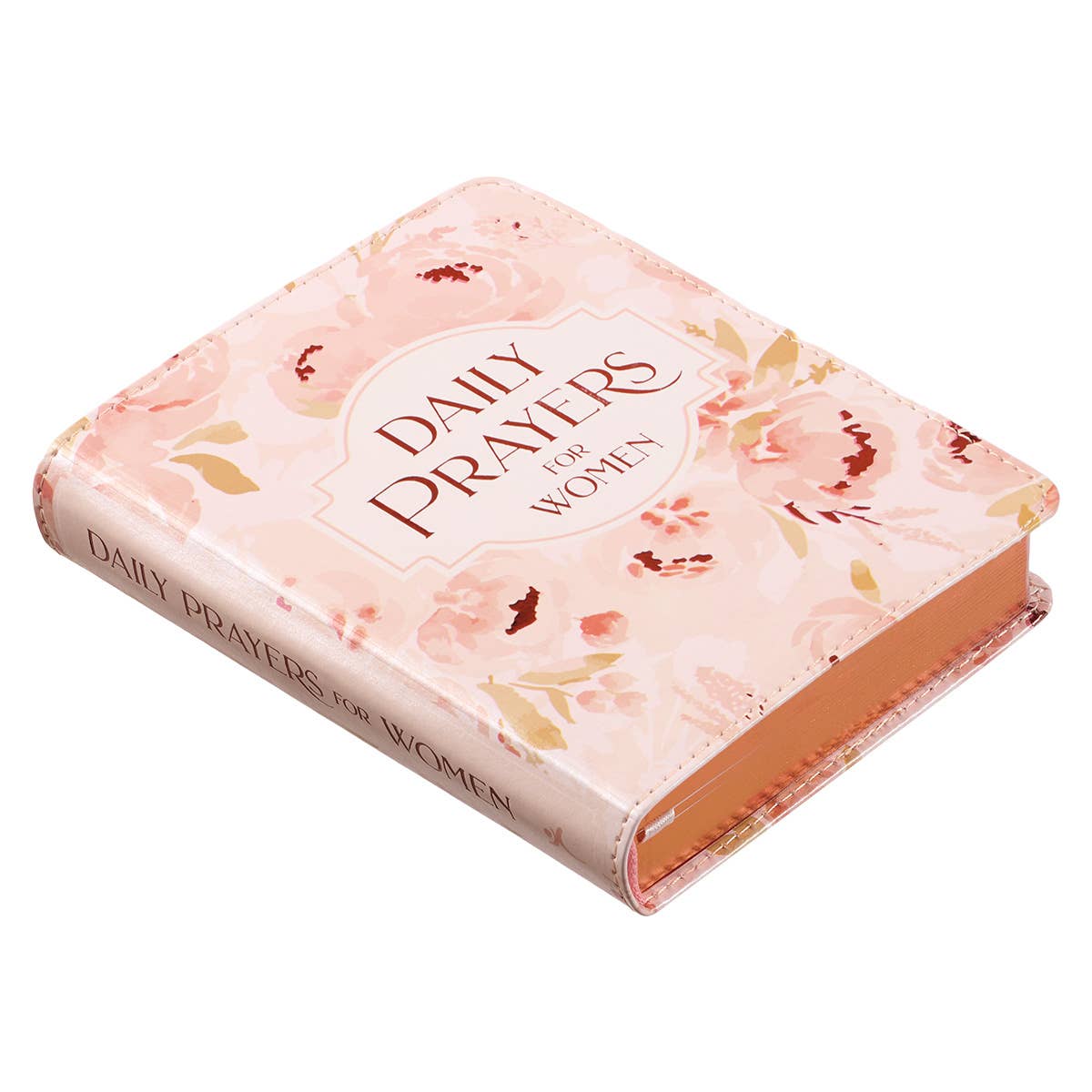 Angled view of the Daily Prayers for Women devotional showing spine, cover design, and gold-gilded pages