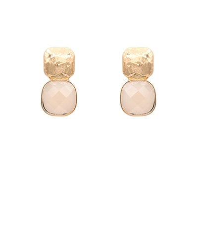 Blush pink glass cushion stud earrings with hammered gold top