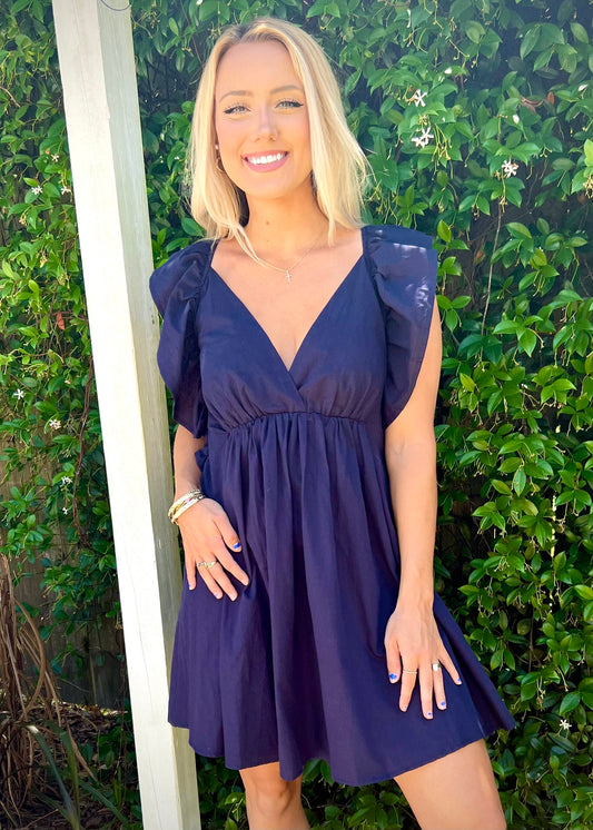 Navy Flutter Sleeve Dress