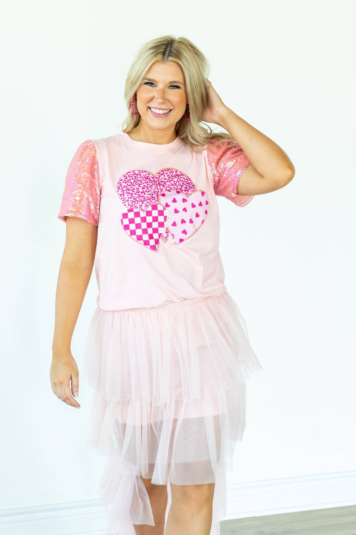 Heart on Pink Sequins Sleeve Top