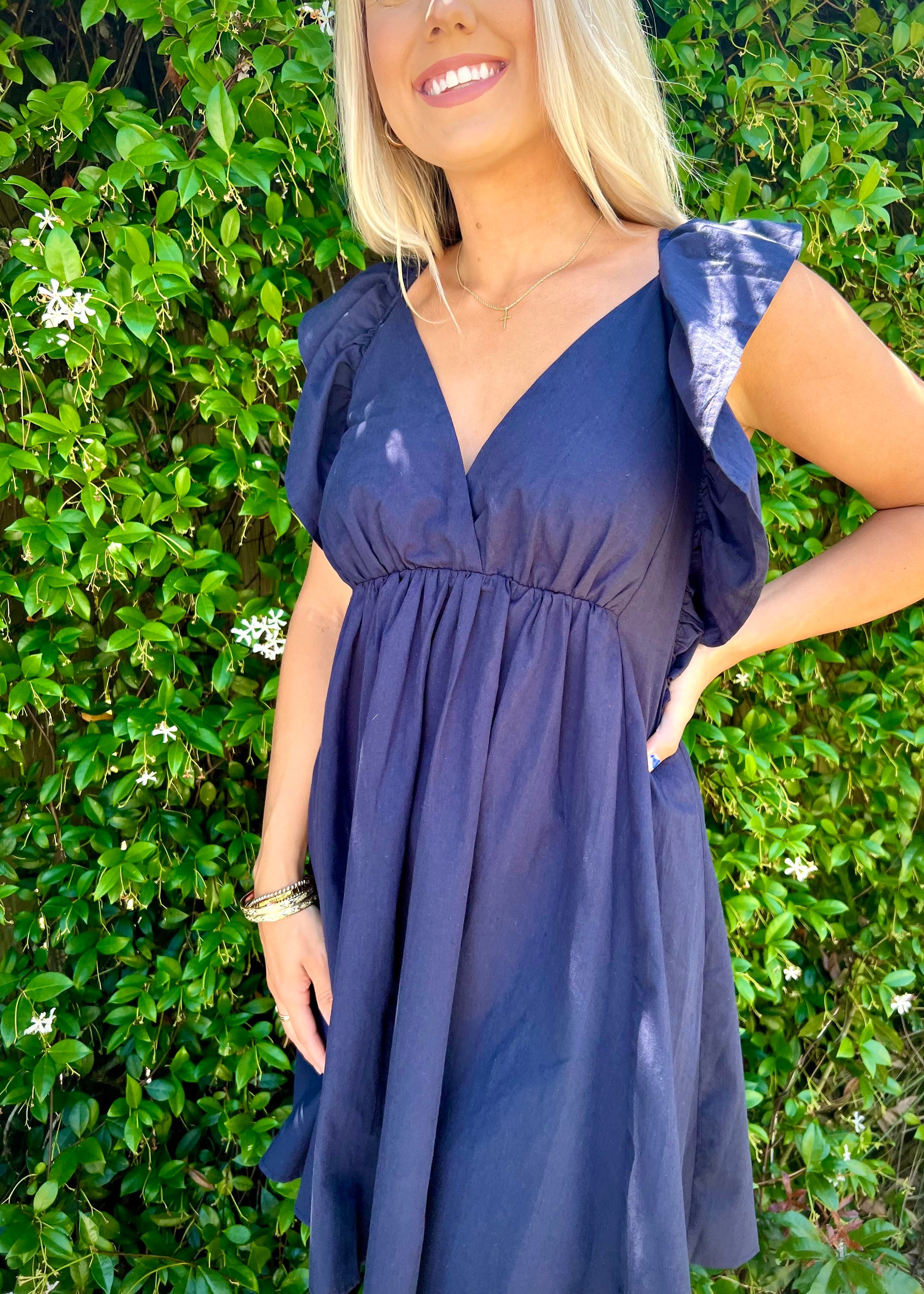 Navy Flutter Sleeve Dress - Butler's Stash