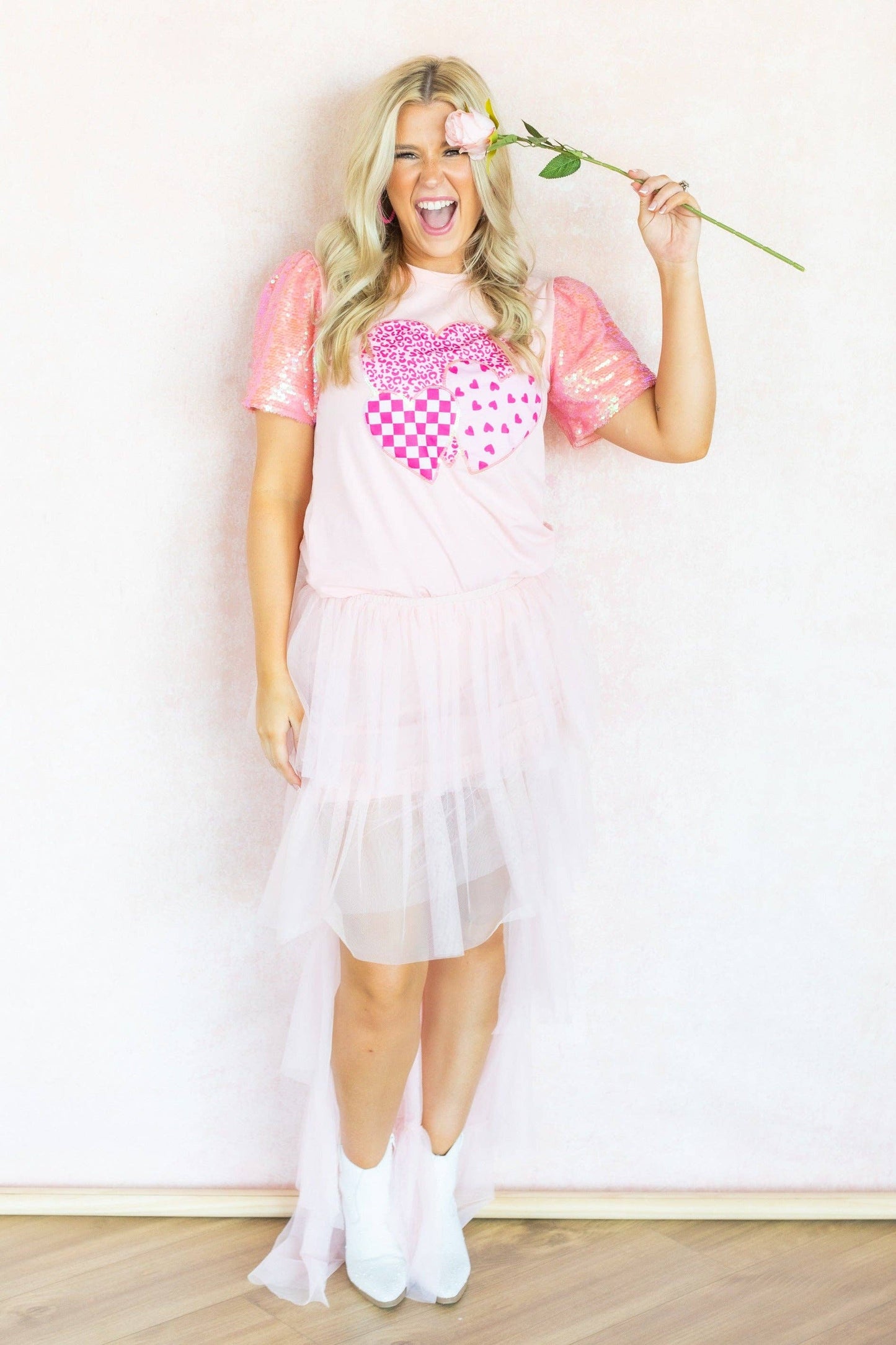 Heart on Pink Sequins Sleeve Top