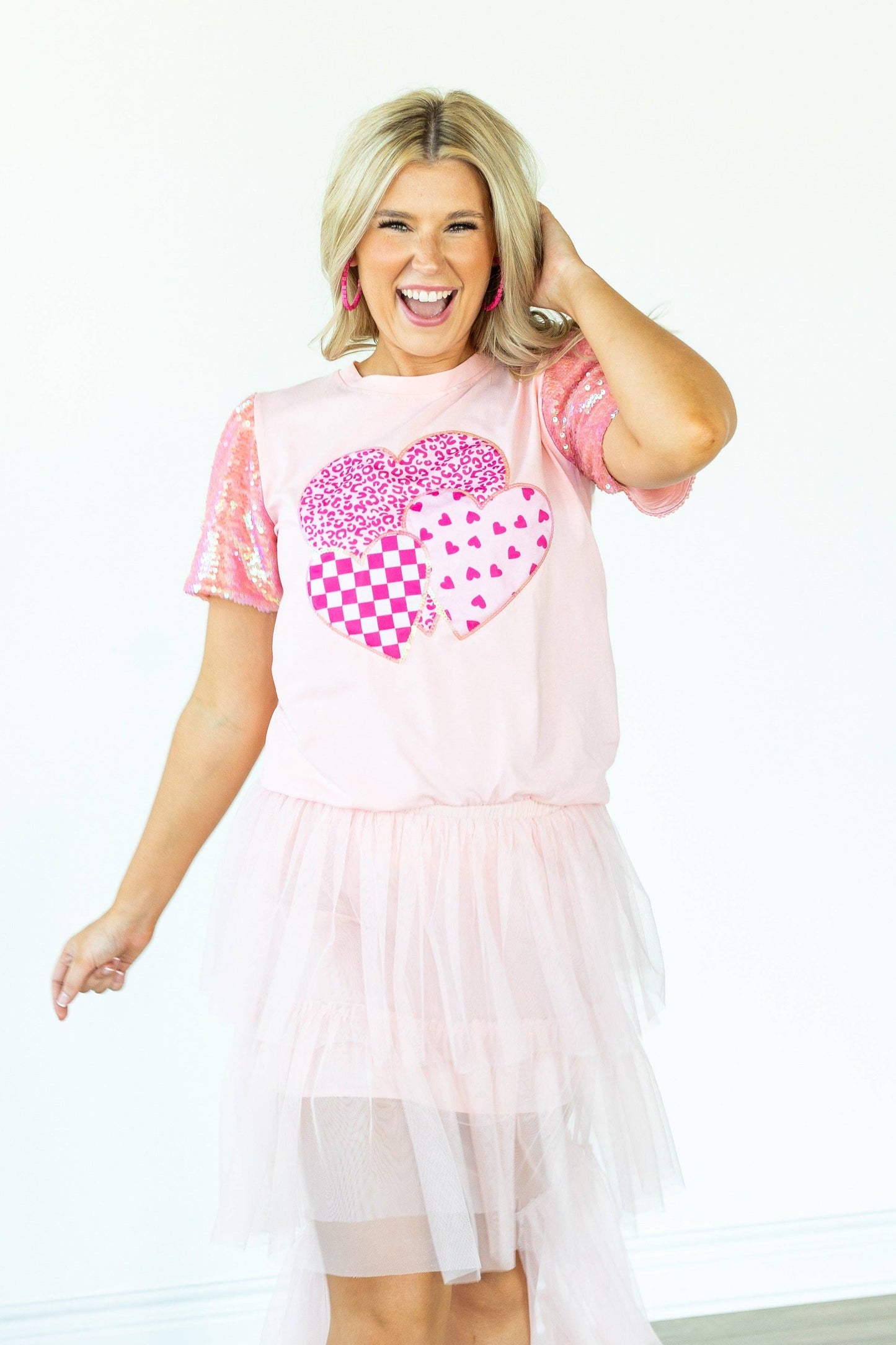 Heart on Pink Sequins Sleeve Top