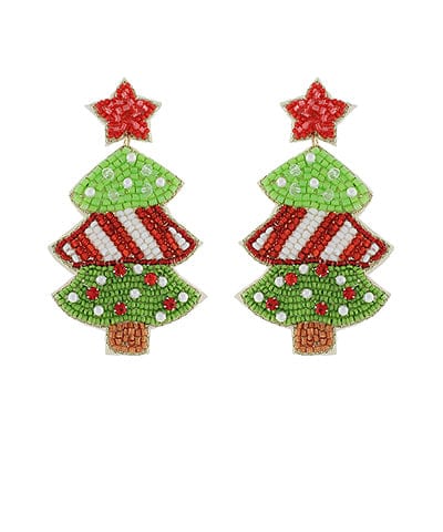 Christmas tree seed bead earrings with red star topper and green, red, and white beading, festive holiday statement earrings.