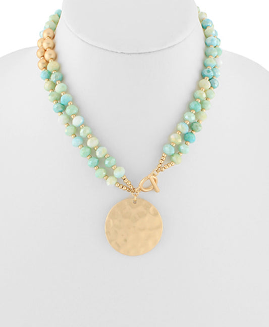 Glass Bead & Round Pendant Necklace
