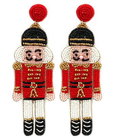 Nutcracker seed bead earrings with red, gold, black, and white beading, 3.5-inch holiday statement earrings