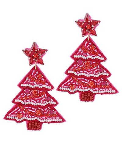 Pink Christmas tree seed bead earrings with jeweled star topper, festive Pinkmas statement earrings.