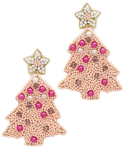 Pink beaded Christmas tree earrings with pearls, gems, and gold star topper, 2.5-inch Pinkmas holiday statement earrings.