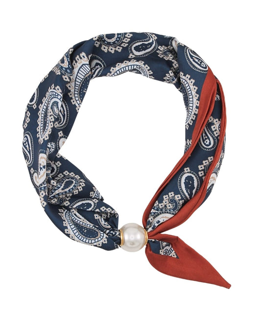 Navy and rust paisley magnetic scarf with pearl accent closure