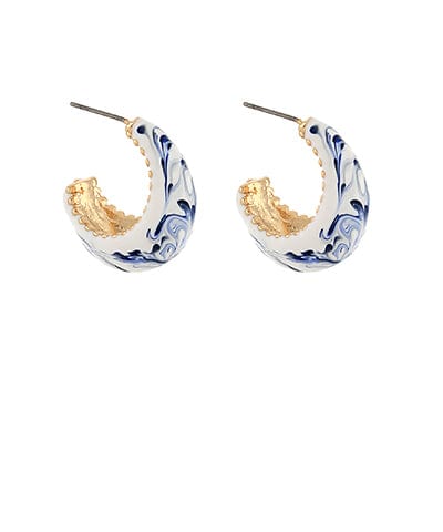 Blue and white Chinoiserie ceramic huggie hoop earrings with metal post backing