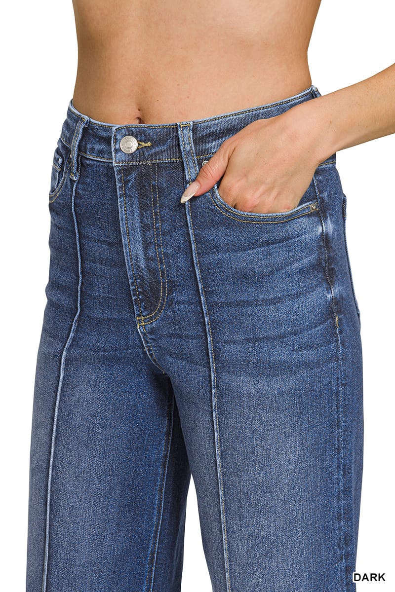 Close-up of high rise waist, button closure and pocket on dark wash jean
