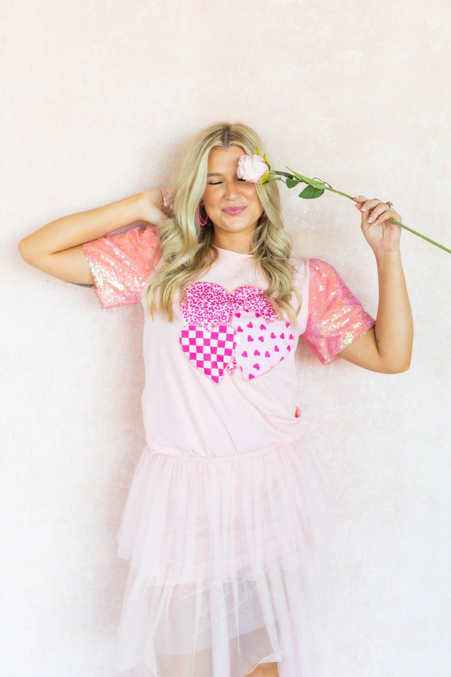Heart on Pink Sequins Sleeve Top