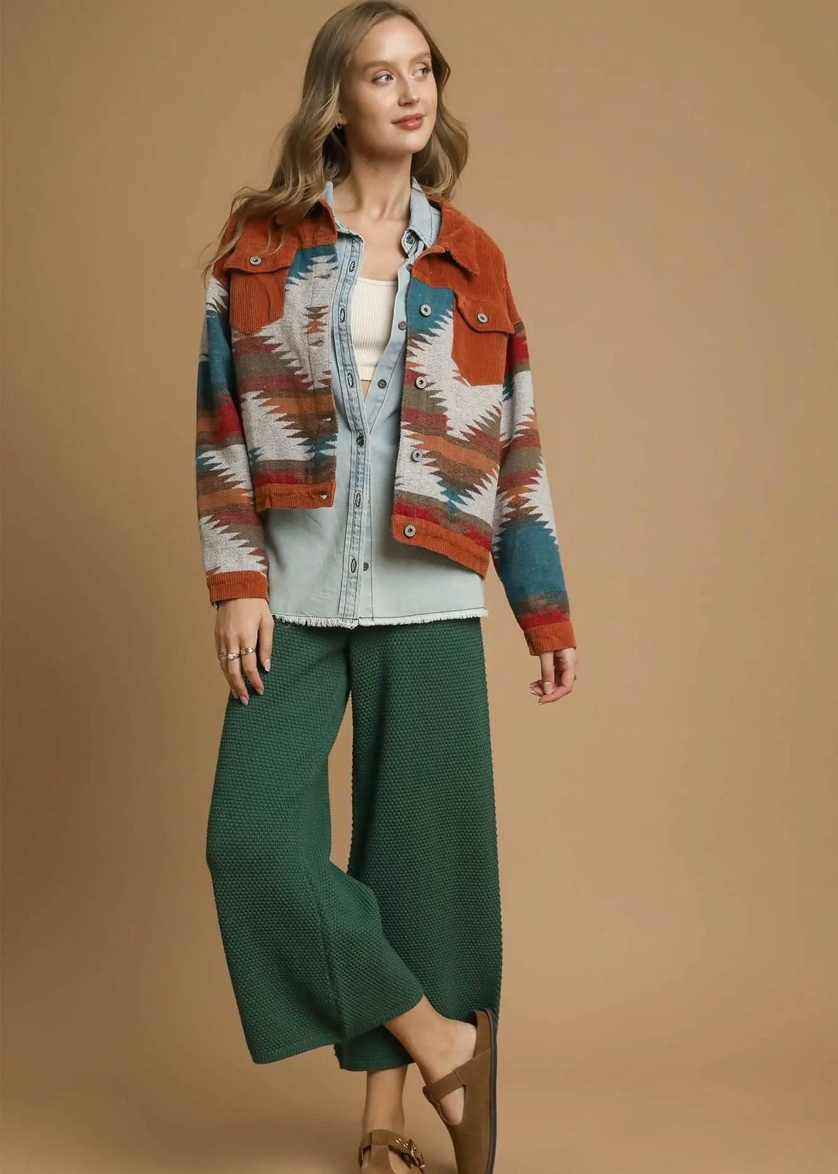 Forest green textured wide leg knit pants styled with a denim shirt and fall jacket