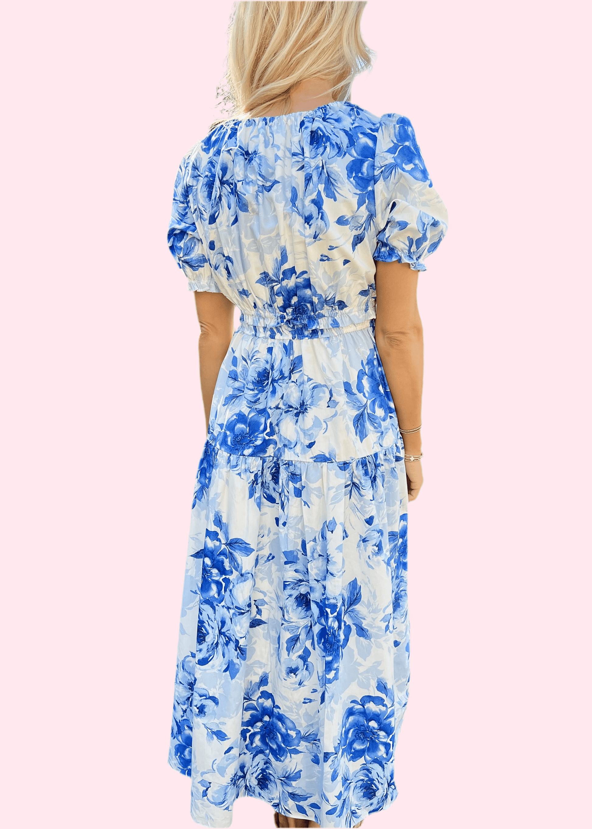 Back view of blue floral puff sleeve midi dress with smocked waist.