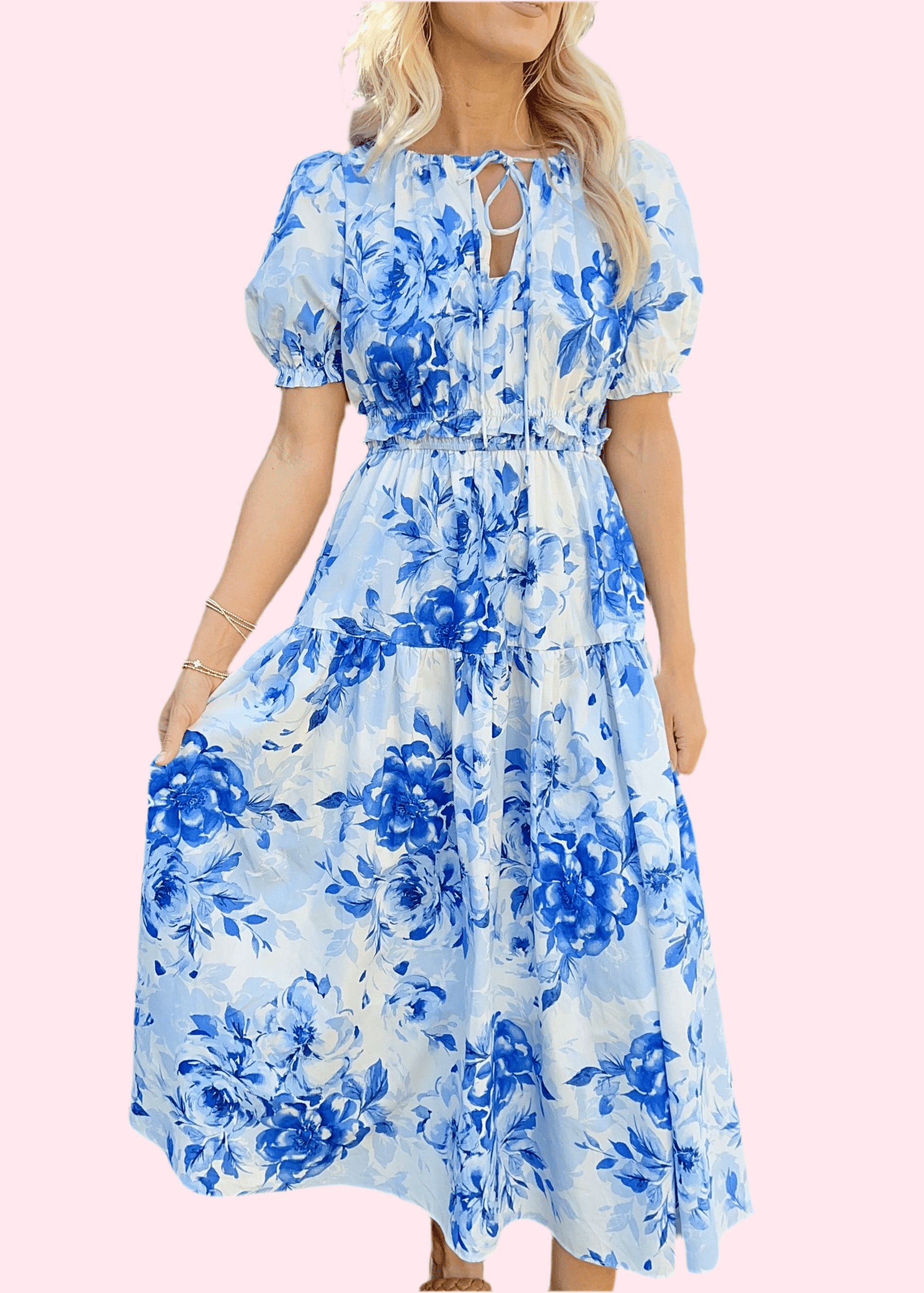 Close-up view of neckline and puff sleeve detailing on blue floral garden dress.