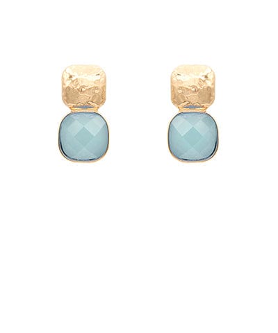  Sky blue glass cushion stud earrings with hammered gold top