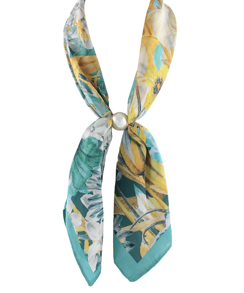 Golden Garden teal and gold floral magnetic scarf with pearl closure