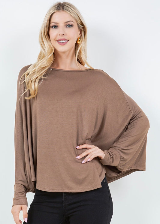 Mocha brown oversized cape top with batwing sleeves on model