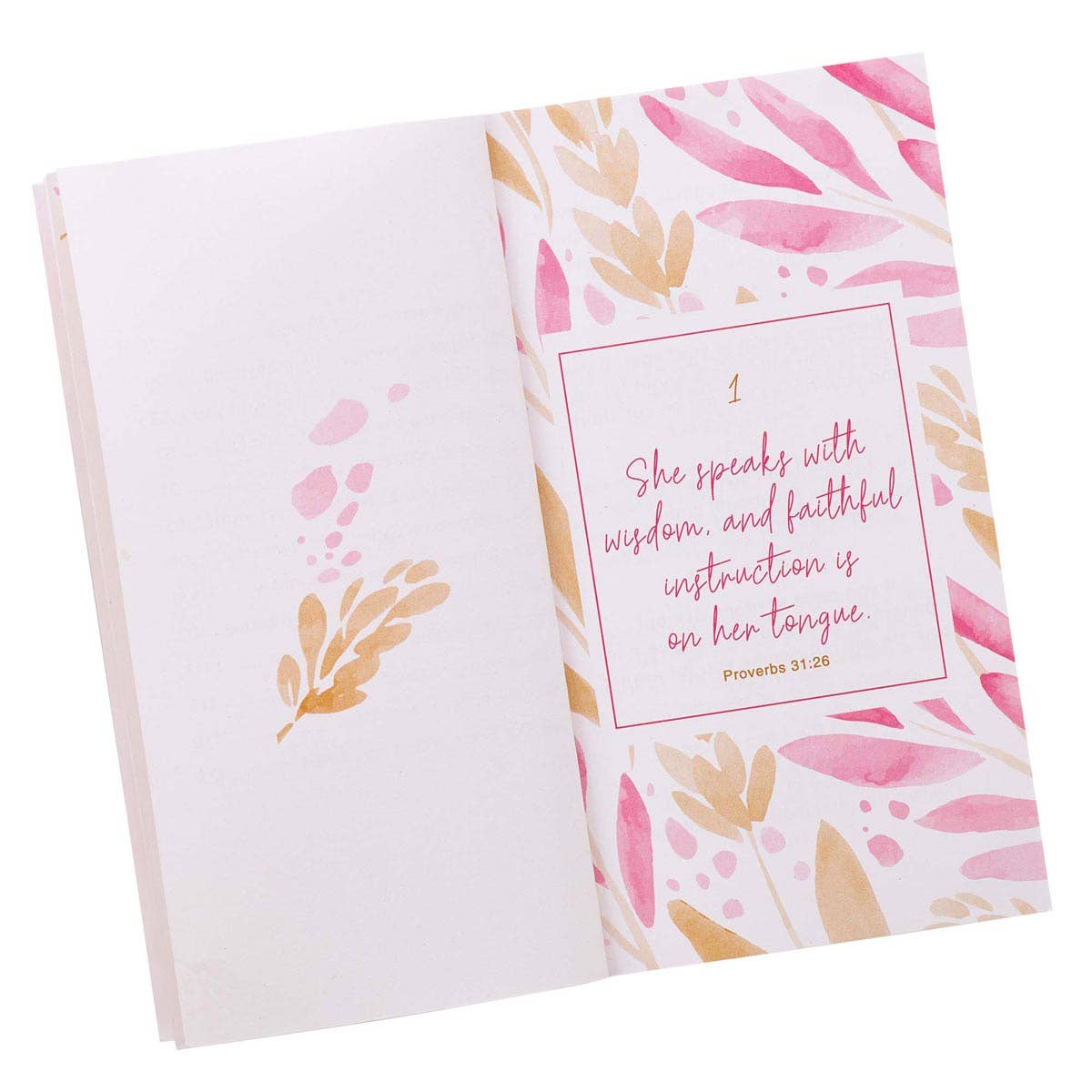 Interior page featuring Proverbs 31:26 with floral artwork and soft color design