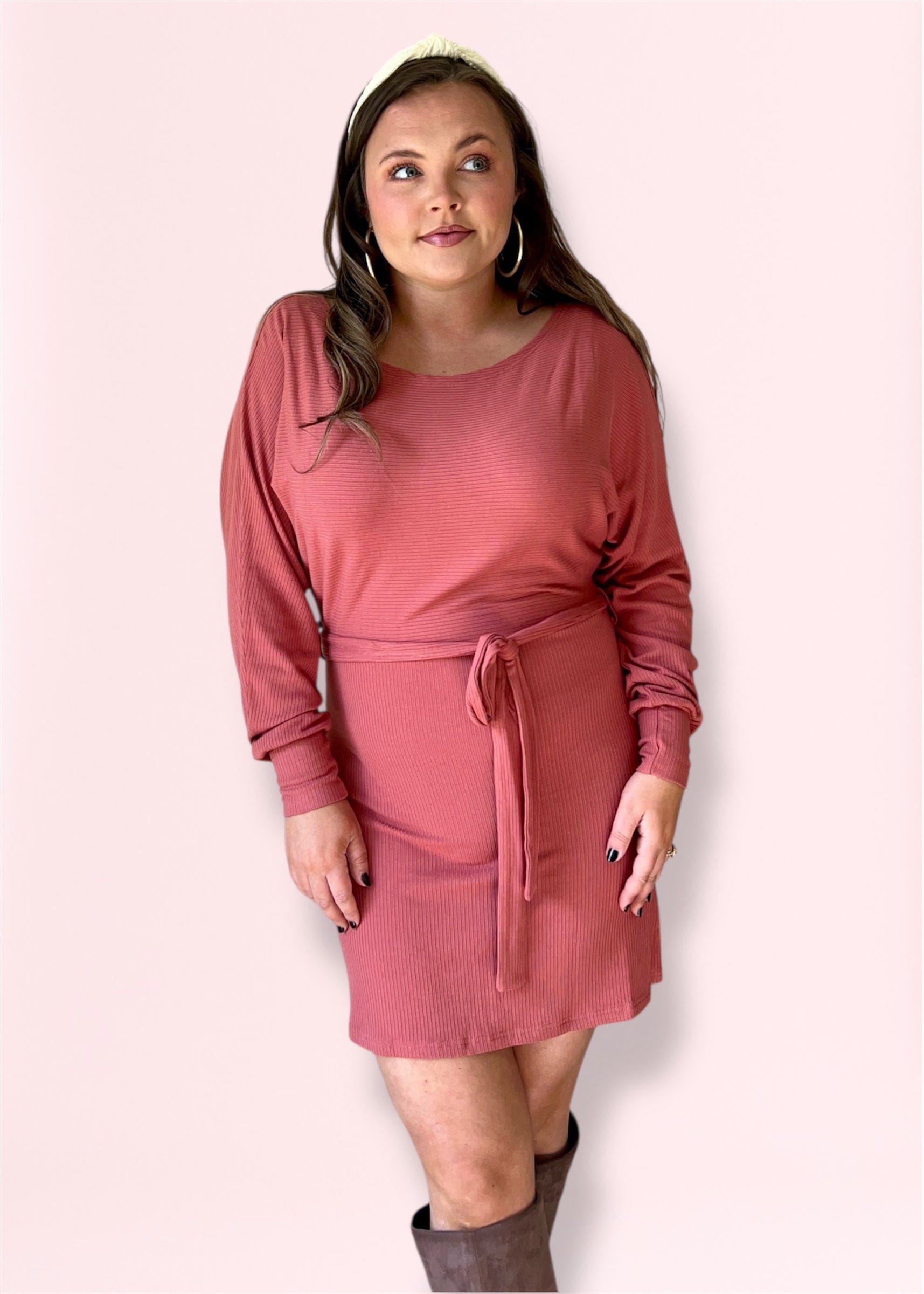 tie waist and ribbed texture on mauve mini dress