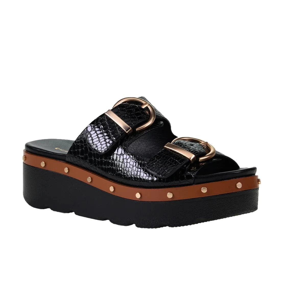 Surfs Up Wedge Sandal in gold with stud detail, round open toe, and cushioned platform sole