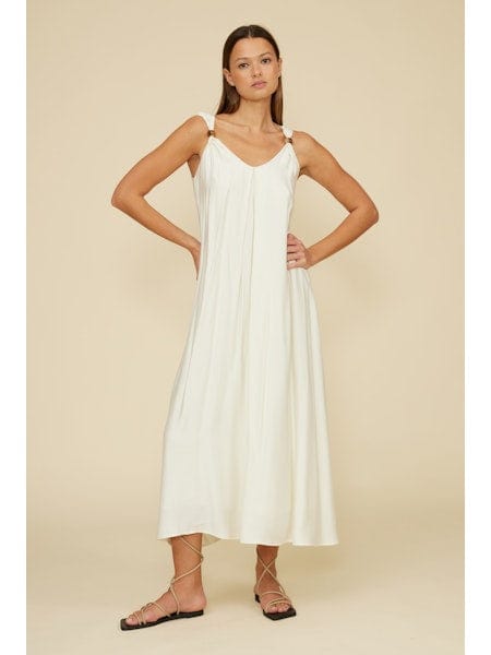 Front view of the Sutton Halter Dress in white, featuring a flowy wide-leg silhouette, soft lightweight fabric, and boho-inspired beaded straps – perfect for summer, beach vacations, and resort wear.
