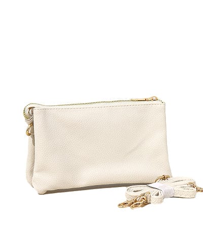 White faux leather three compartment crossbody bag with gold zipper and strap