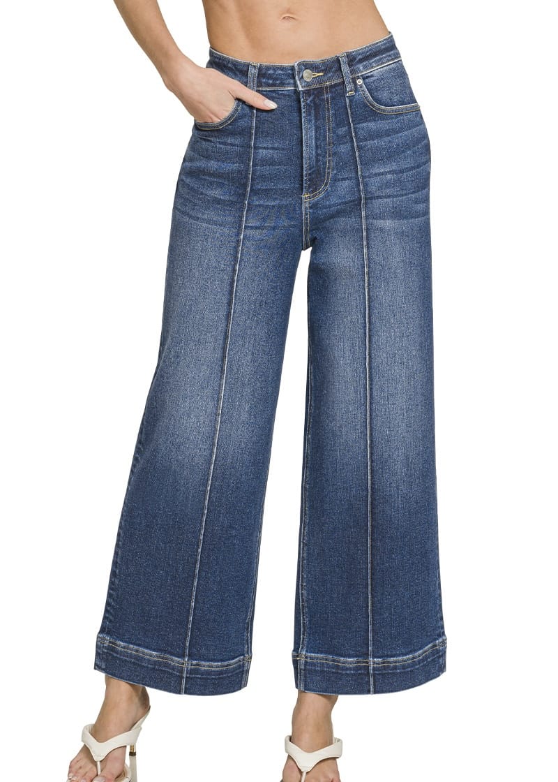 Women’s dark wash high rise wide leg jeans with front seam detail
